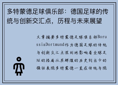 多特蒙德足球俱乐部：德国足球的传统与创新交汇点，历程与未来展望