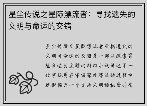 星尘传说之星际漂流者：寻找遗失的文明与命运的交错